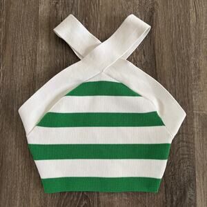 Aritzia Babaton Sculpt Knit Criss Cross Crop Tank White/Gloss Green - Size: XS